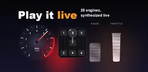 Engine Sim live play screen with tachometer, gear selector, brake and throttle pedals