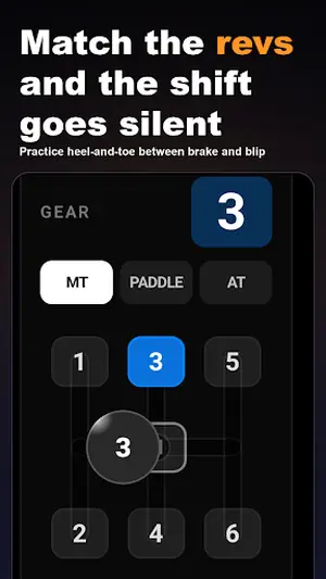 Engine Sim shift practice screen with MT, paddle and AT gearbox modes